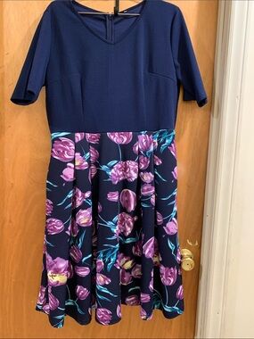 Lularoe Navy Top with Purple Floral Skirt Midi Dress
